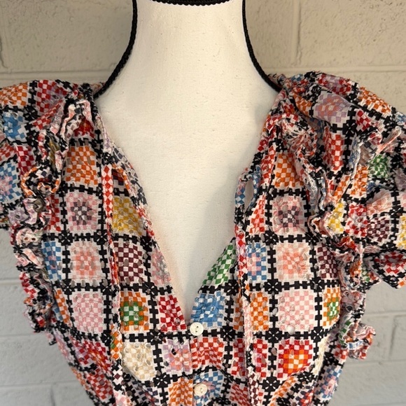 Maeve Ruffled Tie Waist Blouse in Colorful Granny-Square Eyelet Print, S - Picture 4 of 16